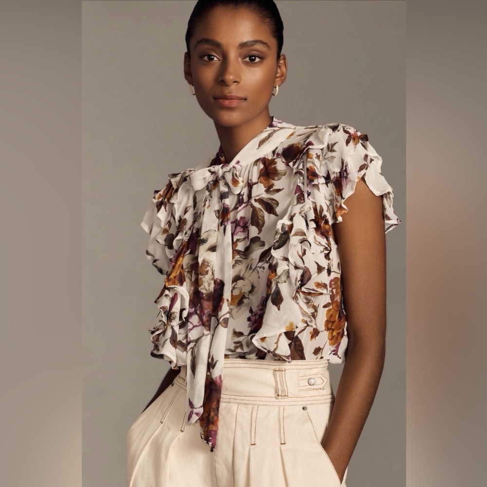 Anthropologie Floral Ruffle Tie Neck Blouse XS Ivory Romantic Flutter Sleeve